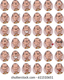Set of senior white businessman emojis; Cheerful, sad, angry, content ... and many more expressions.