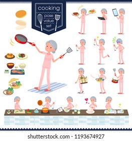 A set of senior women about cooking.There are actions that are cooking in various ways in the kitchen.It's vector art so it's easy to edit.