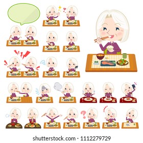 A set of senior women about meals.
Japanese and Chinese cuisine, Western style dishes and so on.
It's vector art so it's easy to edit.