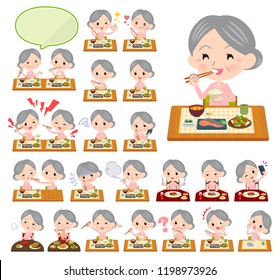 A set of senior women about meals.Japanese and Chinese cuisine, Western style dishes and so on.It's vector art so it's easy to edit.