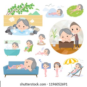 A set of senior women about relaxing.There are actions such as vacation and stress relief.It's vector art so it's easy to edit.