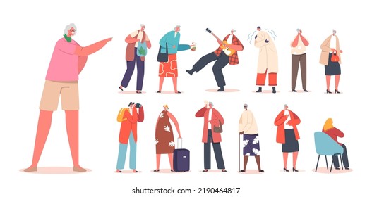 Set of Senior Women Activities and Fun. Old Female Characters Travel with Suitcase, Call by Mobile, Playing in Rock Band, Trendy Granny Laughing and Walking. Cartoon People Vector Illustration