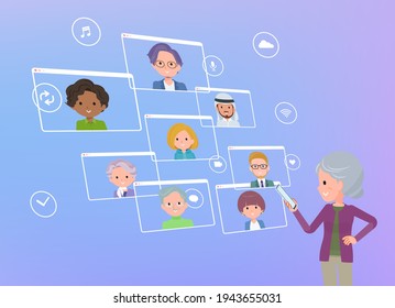A set of senior women communicating online using a smartphone.It's vector art so easy to edit.