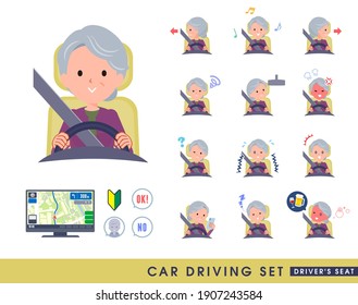 A set of senior women driving a car(driving seat).It's vector art so easy to edit.