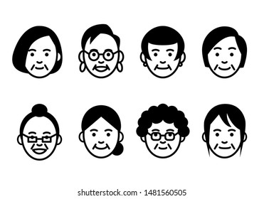 Set of senior women faces on white background. Vector illustration.
