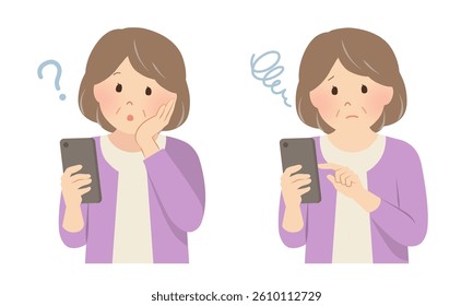 Set of senior women having trouble operating a smartphone_Vector illustration