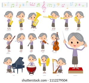 A set of senior women on classical music performances.
There are actions to play various instruments such as string instruments and wind instruments.
It's vector art so it's easy to edit.