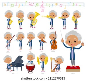 A set of senior women on classical music performances.
There are actions to play various instruments such as string instruments and wind instruments.
It's vector art so it's easy to edit.