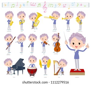 A set of senior women on classical music performances.
There are actions to play various instruments such as string instruments and wind instruments.
It's vector art so it's easy to edit.