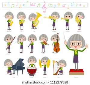 A set of senior women on classical music performances.
There are actions to play various instruments such as string instruments and wind instruments.
It's vector art so it's easy to edit.