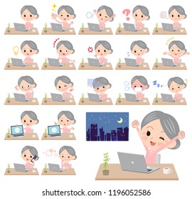 A set of senior women on desk work.There are various actions such as feelings and fatigue.It's vector art so it's easy to edit.