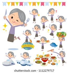 A set of senior women on food events.
There are actions that have a fork and a spoon and are having fun.
It's vector art so it's easy to edit.