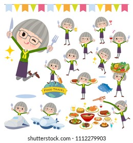 A set of senior women on food events.
There are actions that have a fork and a spoon and are having fun.
It's vector art so it's easy to edit.