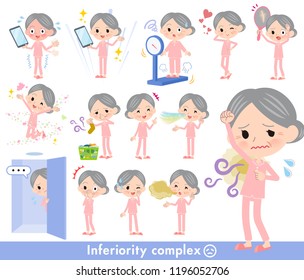 A set of senior women on inferiority complex.There are actions suffering from smell and appearance.It's vector art so it's easy to edit.