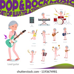 A set of senior women playing rock 'n' roll and pop music.There are also various instruments such as ukulele and tambourine.It's vector art so it's easy to edit.