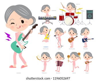 A set of senior women playing rock 'n' roll and pop music.There are also various instruments such as ukulele and tambourine.It's vector art so it's easy to edit.