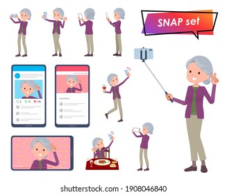 A set of senior women shooting with a smartphone.It's vector art so easy to edit.