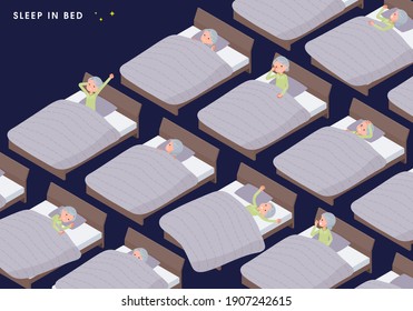 A set of senior women in various poses sleeping in bed.It's vector art so easy to edit.