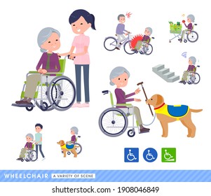 A set of senior women in a wheelchair.It depicts various situations of wheelchair users.