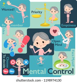 A set of senior women who control emotions.A variety of image illustrations expressing self emotion.It's vector art so it's easy to edit.