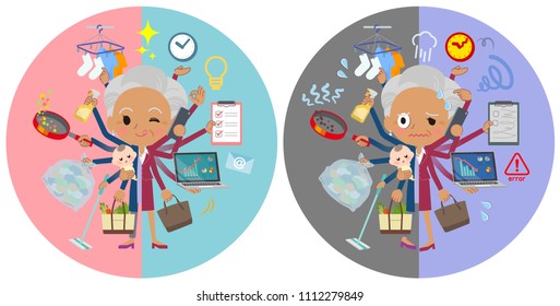 A set of senior women who perform multitasking in offices and private.
There are things to do smoothly and a pattern that is in a panic.
It's vector art so it's easy to edit.