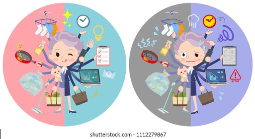 A set of senior women who perform multitasking in offices and private.
There are things to do smoothly and a pattern that is in a panic.
It's vector art so it's easy to edit.