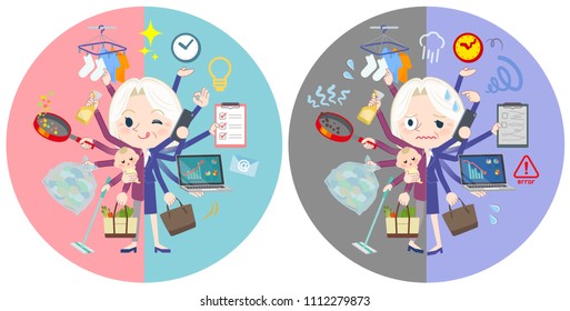 A set of senior women who perform multitasking in offices and private.
There are things to do smoothly and a pattern that is in a panic.
It's vector art so it's easy to edit.