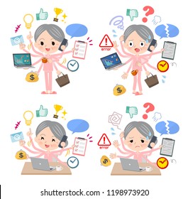 A set of senior women who perform multitasking in the office.There are things to do smoothly and a pattern that is in a panic.It's vector art so it's easy to edit.