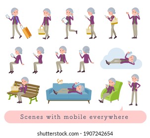 A set of senior women who uses a smartphone in various scenes.It's vector art so easy to edit.