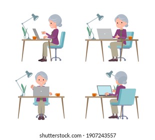 A set of senior women working at a desk at a computer.It's vector art so easy to edit.