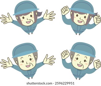 Set of senior workers looking up and raising their arms in a fist pump