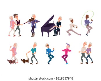 set of seniors perform activities vector illustration design