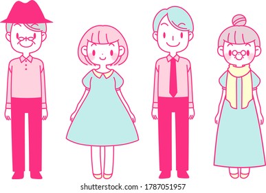 Set of seniors and young men and women