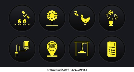 Set Sensor, Smart farming technology, Location and tree, Automatic irrigation sprinklers, Chicken camera, Flower, Remote control and with drone icon. Vector