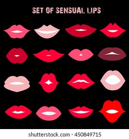 Set of sensual lips on the black background. Flat style. Vector illustration.