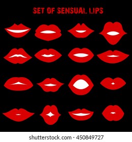 Set of sensual lips on the black background. Flat style. Vector illustration.