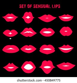 Set of sensual lips on the black background. Flat style. Vector illustration.