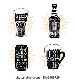 set of sentences mug, beer can, bottle, beer glass, vector typography design for beer cards, banners