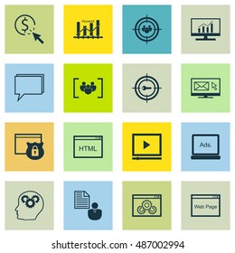 Set Of SEO, Advertising Icons On Creativity, Email Marketing, Website Optimization And More. Premium Quality EPS10 Vector Illustration For Mobile, App, UI Design.