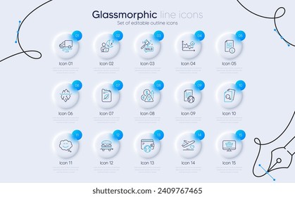 Set of Seo analysis, Fuel price and Shift line icons for web app. Internet document, Wallet, Manual icons. Iceberg, Smile chat, Web shop signs. Auction hammer, Medical flight, Inspect. Vector