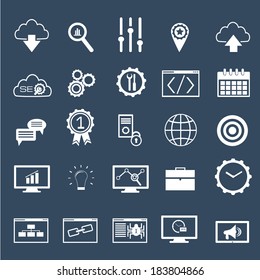 Set of SEO and development icons on dark background. Vector illustration