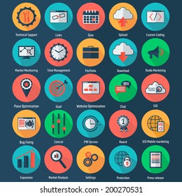 Set of SEO and development icons  on dark background. Flat style. Vector illustration