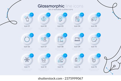 Set of Seo gear, Hearing and Chandelier line icons for web app. 24h service, Write, Gas price icons. Coffee machine, Certificate, Laptop signs. Move gesture, Noise, Approved award. Vector