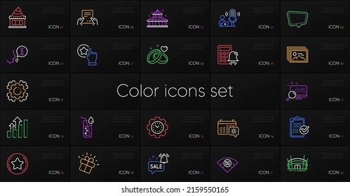 Set of Seo gear, Loyalty star and Water glass line icons. Include 5g wifi, Image gallery, Travel calendar icons. Circus, Chat message, Arena stadium web elements. Time management. Vector