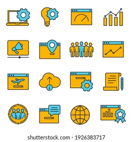 Juego de iconos SEO. Plantilla de símbolo del paquete de optimización del motor de búsqueda para ilustración vectorial de colección de diseño gráfico y web