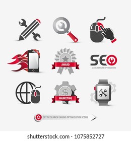 set of seo icons containing: search engine optimization symbols, Internet marketing strategy signs, buttons, mobile, web elements for website templates, flat, 3d style tools, eps10 vector illustration