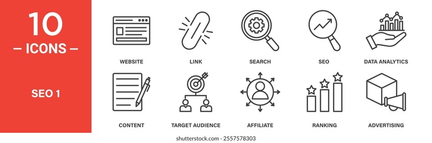 A set of SEO icons featuring website design, links, search, analytics, target audience, ranking, advertising, content, and affiliate marketing tools.