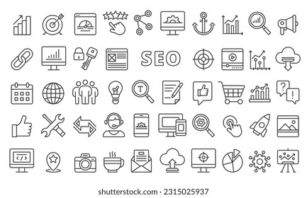 Conjunto de iconos SEO en negro de diseño de línea. Optimización de motores de búsqueda, técnicas SEO, investigación de palabras clave, optimización de páginas, ilustraciones vectoriales de análisis SEO. iconos aislados en el fondo 