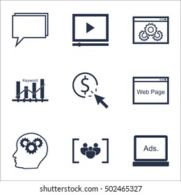 Set Of SEO Icons On Brain Process, Video Player And Website Performance Topics. Editable Vector Illustration. Includes Optimization, Target And Conference Vector Icons.