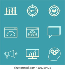 Set Of SEO Icons On Brain Process, Keyword Optimisation And Conference Topics. Editable Vector Illustration. Includes Focus, Optimization And Marketing Vector Icons.